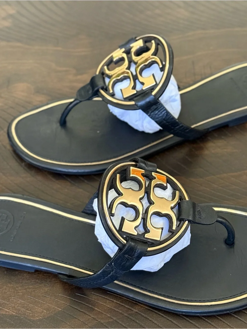 Black Leather Logo Thong Sandals - Women